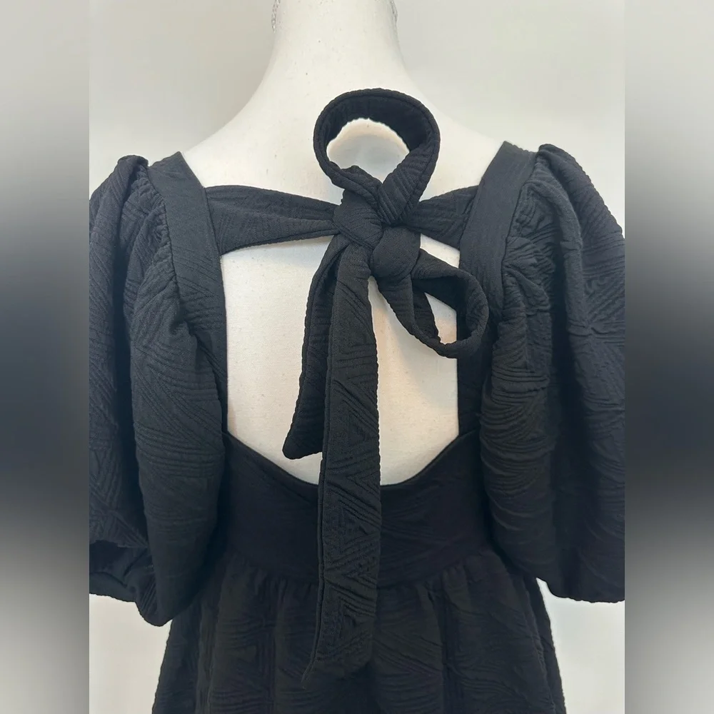 Free People Violet Mini Dress Black Textured Puff Sleeve‎ Babydoll Open Back Bow